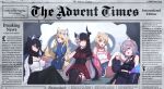  5girls absurdres animal_ear_fluff asymmetrical_horns bare_shoulders black_hair black_pantyhose black_skirt blonde_hair blue_eyes blue_jacket breasts cleavage corset denim denim_skirt dog_tail double-parted_bangs dress fuwawa_abyssgard fuwawa_abyssgard_(casual) gem grey_hair grey_skirt guest_art hair_between_eyes hair_ornament hairpin highres holoadvent hololive hololive_english horns jacket koseki_bijou koseki_bijou_(casual) long_hair long_sleeves lorem_ipsum midriff mococo_abyssgard mococo_abyssgard_(casual) multicolored_hair multiple_girls multiple_hairpins nerissa_ravencroft nerissa_ravencroft_(casual) newspaper off_shoulder official_art open_mouth pantyhose pink_eyes pink_jacket pleated_skirt purple_eyes quilted_jacket red_dress scarf shiori_novella shiori_novella_(casual) shirt siblings simuyutou skirt sleeveless sleeveless_shirt split-color_hair tail tank_top teeth thighhighs twins upper_teeth_only virtual_youtuber w white_shirt wolf_cut x_hair_ornament yellow_eyes 