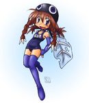  artist_request blue_eyes blush botamamon brown_hair digimon morinon_(pixiv) otamamon personification swimsuit thighhighs 