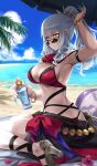  1girl arm_up armlet armpits ascot ball beach beachball bikini black_armlet black_sarong blue_nails blue_sky bottle bow bracelet breasts carmilla_(fate) carmilla_(summertime_mistress)_(fate) chaldea_summer_memory cleavage cloud commentary curly_hair day fate/grand_order fate_(series) fingernails gold_bracelet gold_necklace high_heels high_ponytail holding holding_bottle jewelry long_fingernails long_hair looking_at_viewer medium_breasts necklace ocean official_art palm_tree petals ponytail red_ascot red_bikini red_bow saitou_hiroki sandals sarong sideboob sidelocks sitting sky solo spiked_hair_ornament sunglasses swimsuit third-party_source tree wariza water white_hair yellow_eyes 