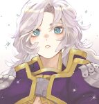  1boy armor blue_eyes cropped_jacket feather_hair_ornament feathers final_fantasy final_fantasy_ix gold_trim grey_hair hair_ornament highres jacket kuja light_blush male_focus otoko_no_ko pale_skin parted_bangs parted_lips purple_jacket shoulder_armor solo sparkle white_background yoshidaaaan 