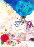  blue_flower blue_hair blue_rose book bow capelet crescent dress flower food fruit hair_bow hair_ribbon hat highres hinanawi_tenshi long_hair multiple_girls patchouli_knowledge peach purple_eyes purple_hair red_eyes red_flower red_rose ribbon rose shiratsuyu smile touhou traditional_media watercolor_(medium) wrist_cuffs 