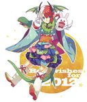  2012 blue_eyes boots dragon_girl dragon_horns dragon_tail dragon_wings ebira green_eyes hand_puppet head_wings heterochromia horns japanese_clothes monster_girl multicolored_hair new_year original puppet red_hair scarf solo tail two-tone_hair white_hair wings 