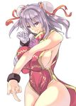  arm_up bad_id bad_pixiv_id bandages breast_squeeze breasts bun_cover cuffs double_bun flower huge_breasts ibaraki_kasen naked_tabard pink_flower pink_rose purple_eyes purple_hair rose shackles sideboob smile solo tabard toono_yayoi touhou 