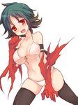  1girl bikini black_legwear bloodghast blush breasts cleavage fang genderswap gloves green_hair large_breasts magic:_the_gathering magic_the_gathering navel oshiruko_(tsume) personification red_eyes smile solo swimsuit thighhighs torn_clothes tsume_(artist) 