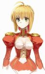  ahoge bad_id bad_pixiv_id blonde_hair breasts cleavage dress epaulettes fate/extra fate_(series) green_eyes hair_ribbon medium_breasts nero_claudius_(fate) nero_claudius_(fate)_(all) peru_(tokyoska4592) ribbon solo 