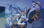 absurd_res anthro arcanine baker_(captnsquarterz) blush bodily_fluids bottomwear bulge butt canid canine captnsquarterz casual_nudity casual_sex clawing clothing controller domestic_rabbit dragon embarrassed feet fellatio flying_sweatdrops foot_fetish foot_play footjob friends_with_benefits furniture game_controller gaming generation_1_pokemon genital_fluids glowing group growling hand_on_shoulder hi_res icon intersex jockstrap lagomorph leporid looking_at_butt looking_down lying male male/male mammal mythological_creature mythological_scalie mythology nintendo on_front on_lap oral oryctolagus pants penile playing_video_game pokemon pokemon_(species) precum presenting presenting_hindquarters rabbit raised_tail rubbing rubbing_penis scalie sex sex_while_gaming sitting_on_lap sofa sofa_sex sound_effects sucking surprised_expression sweat sweatdrop sweatpants tail teasing teasing_with_feet through_clothing trans_(lore) trans_man_(lore) trio tv_lighting underwear unexpected