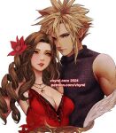  1boy 1girl 2024 aerith_gainsborough aerith_gainsborough_(red_dress) bare_shoulders blonde_hair blue_eyes blue_sweater breasts brown_hair cleavage cloud_strife couple dress earrings final_fantasy final_fantasy_vii final_fantasy_vii_remake flamenco_dress flower green_eyes hair_between_eyes hair_flower hair_ornament hetero jewelry long_hair medium_breasts necklace official_alternate_costume parted_bangs parted_lips patreon_username red_dress red_flower ringlets short_hair sidelocks single_earring sleeveless sleeveless_turtleneck smile spiked_hair star_(symbol) star_necklace strapless strapless_dress sweater turtleneck upper_body vhyrel web_address white_background 