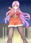  1girl breasts curtained_hair dress eiyuu_densetsu elbow_gloves floating_hair fur-trimmed_dress fur_trim gloves highres kuro_no_kiseki_(series) long_hair looking_at_viewer medium_breasts pantyhose purple_hair red_dress red_gloves renne_(eiyuu_densetsu) santa_costume santa_dress sidelocks sirakaba324 smile solo yellow_eyes 