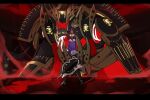 2girls ancient_egyptian_clothes arms_at_sides black_jacket blood boots breasts claws cleavage closed_eyes dark-skinned_female dark_persona dark_skin dust_of_osiris fighting_stance hat hermes_(melty_blood) jacket kyou_(iuciferic) mecha mechanical_arms melty_blood multiple_girls pile_bunker purple_hat red_sky riesbyfe_stridberg robot shield sion_eltnam_(type-moon) sky true_apocrypha tsukihime white_hair 