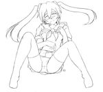  blush breasts greyscale hair_between_eyes hatsune_miku kit_(studio) lineart long_hair monochrome nipples panties shirt_lift skirt small_breasts solo thighhighs twintails underwear vocaloid 