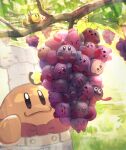  :d :o @_@ ^_^ apron batamon blue_eyes blush_stickers bow bowtie chef_hat chef_kawasaki closed_eyes closed_mouth colored_skin commentary_request food fruit gooey_(kirby) grapes hat highres kirby kirby_(series) leaf needlous no_humans open_mouth orange_skin outdoors pink_skin red_bow red_bowtie smile suyasuyabi tongue tongue_out tree twitter_username waddle_dee watermark white_apron white_hat 