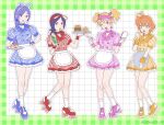  4girls aono_miki apron blue_dress blue_eyes blue_hair brown_eyes brown_hair burger carhop cheesecake donut dress food fresh_precure! full_body hair_ribbon higashi_setsuna highres holding holding_tray long_hair medium_hair milkshake momozono_love multiple_girls one_eye_closed otoroshi_68 pink_dress precure purple_hair red_dress ribbon roller_skates short_hair skates striped_clothes striped_dress tray vertical-striped_clothes vertical-striped_dress visor_cap waist_apron waitress yamabuki_inori yellow_dress 