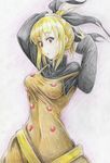  :o absurdres adjusting_hair blonde_hair breasts buttons colored_pencil_(medium) hair_ribbon hair_up highres kitazinger kurodani_yamame looking_at_viewer medium_breasts ribbon shirt short_hair sidelocks sleeves_past_wrists solo strap_slip taut_clothes taut_shirt touhou traditional_media upper_body 