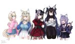  5girls absurdres animal_ear_fluff animal_ears asymmetrical_horns bandaid bandaid_hair_ornament black_corset black_hair black_horns black_jacket black_pantyhose black_ribbon black_scarf black_shirt black_skirt blonde_hair blue_eyes blue_hair blue_jacket blue_shirt blue_skirt borrowed_hairstyle breasts chest_jewel cleavage commentary corset crossed_arms detached_collar dog_ears dog_girl dog_tail dress english_commentary fuwawa_abyssgard fuwawa_abyssgard_(casual) gem glasses gloryaldelly grey_hair hair_ornament hand_jewel headpiece highres hololive hololive_english horns jacket jacket_on_shoulders jewelry koseki_bijou koseki_bijou_(casual) large_breasts long_hair looking_at_viewer metal_wings mococo_abyssgard mococo_abyssgard_(casual) multicolored_hair multiple_girls navel necklace nerissa_ravencroft nerissa_ravencroft_(casual) office_lady one_eye_closed open_mouth pantyhose pink_eyes pink_hair pink_jacket purple_eyes purple_gemstone red_dress ribbon scarf shiori_novella shiori_novella_(casual) shirt simple_background skirt split-color_hair streaked_hair tail teeth tomato_(sword) upper_teeth_only virtual_youtuber white_background white_shirt white_skirt x_hair_ornament yellow_eyes 