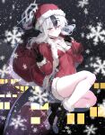  1girl absurdres alternate_costume black_boots black_choker black_gloves blue_archive boots choker closed_mouth demon_horns demon_wings dress fur_trim gloves hair_between_eyes hat highres holding holding_sack horns jacket kayoko_(blue_archive) long_hair looking_at_viewer multicolored_hair red_dress red_eyes red_hat red_jacket sack santa_costume santa_dress santa_hat sidelocks single_wing sunnysideup v wings 