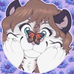 1:1 absurd_res anthro arthropod butterfly cornflower_(flower) duo felid female flower hi_res icon insect lepidopteran mammal monarch naoto pantherine pattern_background plant simple_background solo spring sticker tiger