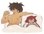  1boy 1girl abs alohapz artist_name bed_sheet biceps brown_hair cigarette closed_eyes commentary english_commentary guilty_gear guilty_gear_strive guy_tired_after_sex_(meme) headband hetero highres holding holding_cigarette jack-o&#039;_valentine looking_at_viewer lying meme mexico_ufo_alien_bodies_hearing_(meme) muscular muscular_male on_back pectorals pillow ponytail red_hair red_headband sex shiny_skin simple_background smoking sol_badguy white_background 