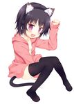  :d animal_ear_fluff animal_ears black_hair cat_ears cat_tail fake_animal_ears fang full_body hairband hood hood_down hoodie meito_(maze) naked_hoodie open_mouth original paw_pose purple_eyes smile solo tail thighhighs zettai_ryouiki 
