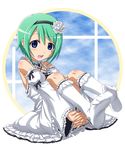  bare_shoulders black_bow blue_eyes bow detached_sleeves dress feet flower frilled_dress frilled_legwear frilled_sleeves frills full_body gem green_hair hair_flower hair_ornament hairband highres interlocked_fingers kneehighs knees_up looking_at_viewer open_mouth original rose round_window shirosame short_hair sitting solo white_dress white_flower white_legwear white_rose window 
