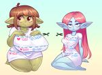 20pesos_sopa absurd_res big_breasts black_eyes blue_body blue_skin blush breasts brown_hair clothing duo ears_down female freckled_legs freckles goblin green_body green_skin hair half-closed_eyes hi_res huge_breasts humanoid humanoid_pointy_ears kneeling lei_(20pesos_sopa) long_hair narrowed_eyes pink_hair pivoted_ears pixie_(20pesos_sopa) pointy_ears scissors shirt short_hair short_stack shy sitting strip_game thick_thighs topwear white_clothing white_shirt white_topwear wide_hips yellow_sclera