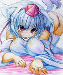  animal_ears blush breasts colored_pencil_(medium) detached_sleeves hands hat highres inubashiri_momiji kitazinger large_breasts panties red_eyes short_hair side-tie_panties solo tail thighhighs tokin_hat tongue top-down_bottom-up touhou traditional_media underwear white_hair white_legwear wolf_ears wolf_tail 