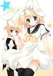  1girl animal_ears bad_id bad_pixiv_id blonde_hair blush brother_and_sister bunny_ears kagamine_len kagamine_rin purinko siblings smile thighhighs twins vocaloid 