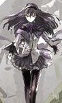  akemi_homura argyle argyle_legwear black_hair black_legwear capelet grey_skirt hairband long_hair magical_girl mahou_shoujo_madoka_magica pantyhose pleated_skirt purple_eyes skirt solo tmg 