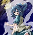  blue_eyes blue_hair cloud dress full_moon hair_ornament hair_rings hair_stick kaku_seiga looking_back moon night shawl sky smile solo star_(sky) starry_sky touhou usamimi_(usamimiok) vest 