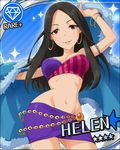  armband artist_request black_hair bracelet breasts cape card_(medium) character_name cleavage diamond_(symbol) eyelashes fur_cape helen_(idolmaster) idolmaster idolmaster_cinderella_girls jewelry long_hair medium_breasts midriff official_art smile solo star 