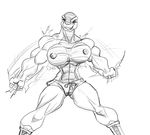  big_breasts boots breasts clothing female looking_at_viewer monochrome muscles muscular_female nipples pawsman reptile scalie shorts sketch solo torn_clothing 