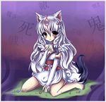  amaterasu animal_ears bare_shoulders barefoot breasts elbow_gloves facial_mark flower gloves grass hair_ornament highres japanese_clothes jewelry kanji kimono long_hair midna01 necklace obi ookami_(game) parted_lips personification purple_background red_eyes sash signature silver_hair sitting small_breasts solo tail translated very_long_hair wolf_ears wolf_tail 