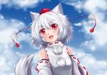  absurdres animal_ears bare_shoulders blush cloud day detached_sleeves eyelashes hat highres inubashiri_momiji open_mouth outdoors red_eyes shield short_hair silver_hair sky smile solo tail tokin_hat touhou upper_body wolf_ears wolf_tail wolflong 