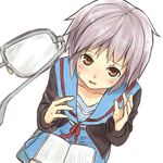  a-ka bangs blush book brown_eyes cardigan face glasses grey_hair hands kita_high_school_uniform nagato_yuki pov school_uniform serafuku short_hair solo suzumiya_haruhi_no_shoushitsu suzumiya_haruhi_no_yuuutsu 