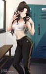  1girl adidas bench black_hair black_pants bra breasts cellphone english_commentary fate/grand_order fate_(series) highres indoors ishtar_(fate) locker locker_room long_hair looking_at_viewer medium_breasts paid_reward_available pants phone ponytail red_eyes selfie smartphone smile solo standing training_bra underwear v xkzan yoga_pants 