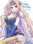  1girl armor belt blonde_hair blue_eyes boots breasts cape celes_chere cleavage closed_mouth dated final_fantasy final_fantasy_vi green_leotard hair_ornament happy_birthday highres jewelry leotard light_smile long_hair medium_breasts multiple_belts necklace pan_ff6 parted_bangs pauldrons purple_cape shoulder_armor solo thigh_boots thighhighs v_arms wavy_hair yellow_thighhighs 