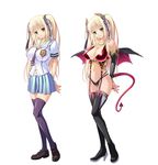  bare_shoulders blonde_hair breasts cleavage demon_girl horns kyonyuu_majo large_breasts school_uniform succubus tail tenma_cecile thighhighs transformation twintails waffle wings 