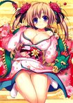  blush breasts bursting_breasts cleavage copyright_request dragon dragon_ball_(object) eastern_dragon egasumi floral_print highres japanese_clothes kimono kneeling large_breasts new_year panties shiny shiny_skin smile solo tomose_shunsaku underwear 