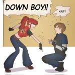  1boy 1girl black_gloves black_pants black_shoes black_sleeves border breasts brown_background brown_hair brown_shoes bulletproof_vest claire_redfield cropped_jacket elbow_pads english_text fingerless_gloves full_body gloves hair_tie highres jacket knee_pads leon_s._kennedy liunennim long_hair medium_breasts meme midriff pants pointing ponytail red_hair red_jacket resident_evil resident_evil_-_code:_veronica shirt_under_shirt shoes short_hair shouting squatting sweatdrop white_border 