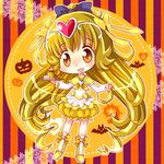  blonde_hair boots bow bubble_skirt cake choker circlet cosplay cure_muse_(yellow) cure_muse_(yellow)_(cosplay) food full_body hair_ribbon halloween heart higashiyama_seika hiyopuko knee_boots long_hair magical_girl orange_eyes precure ribbon skirt smile solo suite_precure tray twintails yellow_bow yellow_choker yellow_skirt 
