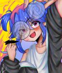  1girl black_jacket blue_hair blurry blurry_foreground blush censored censored_gesture chromatic_aberration coke-bottle_glasses collarbone fang glasses holding holding_removed_eyewear jacket looking_at_viewer middle_finger open_clothes open_jacket open_mouth paint_in_hair pink_eyes shiraru0227 shirt skin_fang solo star-shaped_pupils star_(symbol) symbol-shaped_pupils two_side_up unworn_eyewear upper_body vocaloid white_shirt yamada_(iiiichimaru_03) yamada_perfect_(vocaloid) yellow_background 
