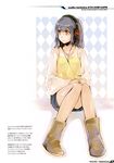  1girl absurdres bangs boots copyright_request female fujishima grey_hair headphones highres pink_eyes red_eyes scan short_hair sitting solo 