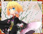  black_kimono blonde_hair blue_eyes blush floral_print flower hair_flower hair_ornament japanese_clothes kimono kirisame_marisa smile solo taker_(flamestorm) touhou 