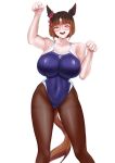  1girl animal_ears black_pantyhose blush breasts brown_hair commentary_request covered_navel ear_ornament glasses hakase_yurisuki highleg highres horse_ears horse_girl large_breasts looking_at_viewer multicolored_hair open_mouth pantyhose pantyhose_under_swimsuit paw_pose red-framed_eyewear red_eyes short_hair simple_background solo streaked_hair swimsuit tail transcend_(umamusume) umamusume white_background white_hair 