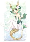  bare_shoulders blush child dragon_girl dragon_tail dragon_wings elbow_gloves eyebrows fang flower gao gloves green_eyes green_hair green_wings hair_ornament horns kinoko-san kito_(sorahate) looking_at_viewer monster_girl open_mouth original pantyhose short_hair solo tail translated white_legwear wings 
