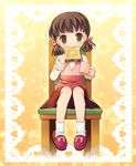  blush brown_eyes brown_hair butter child cup doujima_nanako dress eating food food_in_mouth mouth_hold persona persona_4 short_hair sitting slippers solo toast toast_in_mouth twintails yumegi_(mg.) 