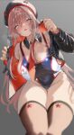  1girl :o absurdres bent_over beret black_collar black_hat black_jacket black_one-piece_swimsuit blush breasts breath brown_hair collar commentary_request detached_collar feet_out_of_frame goddess_of_victory:_nikke gradient_background grey_background groin hair_between_eyes hat highres hii_(motorholic) jacket large_breasts legs_together long_hair looking_at_viewer multicolored_jacket multicolored_swimsuit necktie one-piece_swimsuit open_mouth orange_hair rapi_(classic_vacation)_(nikke) rapi_(nikke) red_jacket red_necktie red_trim removing_jacket sidelocks skindentation solo star_(symbol) swimsuit thighhighs thighs two-tone_jacket white_one-piece_swimsuit 