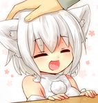  animal_ears bad_id bad_pixiv_id bare_shoulders blush closed_eyes detached_sleeves face highres inubashiri_momiji no_hat no_headwear open_mouth out_of_frame petting reflection sawatari_(sado) short_hair silver_hair simple_background smile solo_focus touhou wolf_ears 