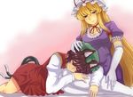  animal_ears blonde_hair brown_hair cat_ears cat_tail chen choker closed_eyes dress elbow_gloves gloves hat lap_pillow lying multiple_girls nicutoka pantyhose petting sleeping smile tail touhou white_gloves white_legwear yakumo_yukari 