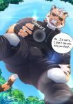 anthro biceps black_bottomwear black_clothing black_fingerless_gloves black_gloves black_handwear black_pants black_shirt black_topwear black_vest bottomwear bulge bulge_focus bulletproof_vest butt butt_outline chief_gilbert claws clothing dialogue dominant dominant_anthro dominant_male english_text eyewear felid feline fingerless_gloves fur gear gloves green_eyes grey_knee_pads gunn_(chief_gilbert) handwear knee_pads lens_flare looking_at_viewer looking_down looking_down_at_viewer low-angle_view male mammal manly markings muscular muscular_anthro muscular_male orange_body orange_fur outside pantherine pants park plant police police_officer police_uniform police_vest shirt sky solo speech_bubble striped_body striped_fur striped_markings striped_tail stripes sunglasses sunglasses_on_face tail tail_markings text thick_arms tiger topwear tree uniform vest wearing_sunglasses