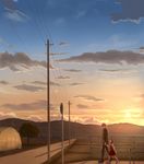  1girl brown_eyes brown_hair child closed_eyes cloud doujima_nanako grey_hair highres holding_hands looking_down looking_up narukami_yuu persona persona_4 road scenery short_hair sky sunset twintails walking yuugure 